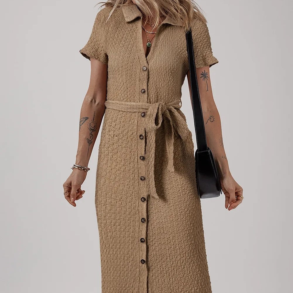Buckskin Short Sleeve Textured Button Up Tie Waist Long Dress