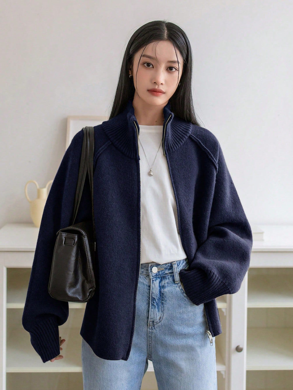 Solid Color Stand Collar Zipper Knitted Cardigan Top