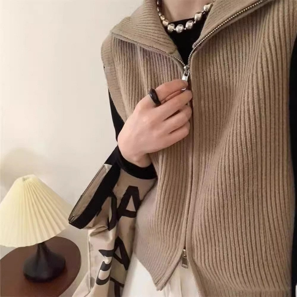 Simple Turtleneck Double Zipper Knitted Cardigan Vest