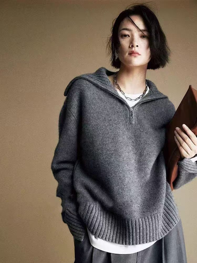 French Style High-grade Large Lapel Half Zipper Pullover