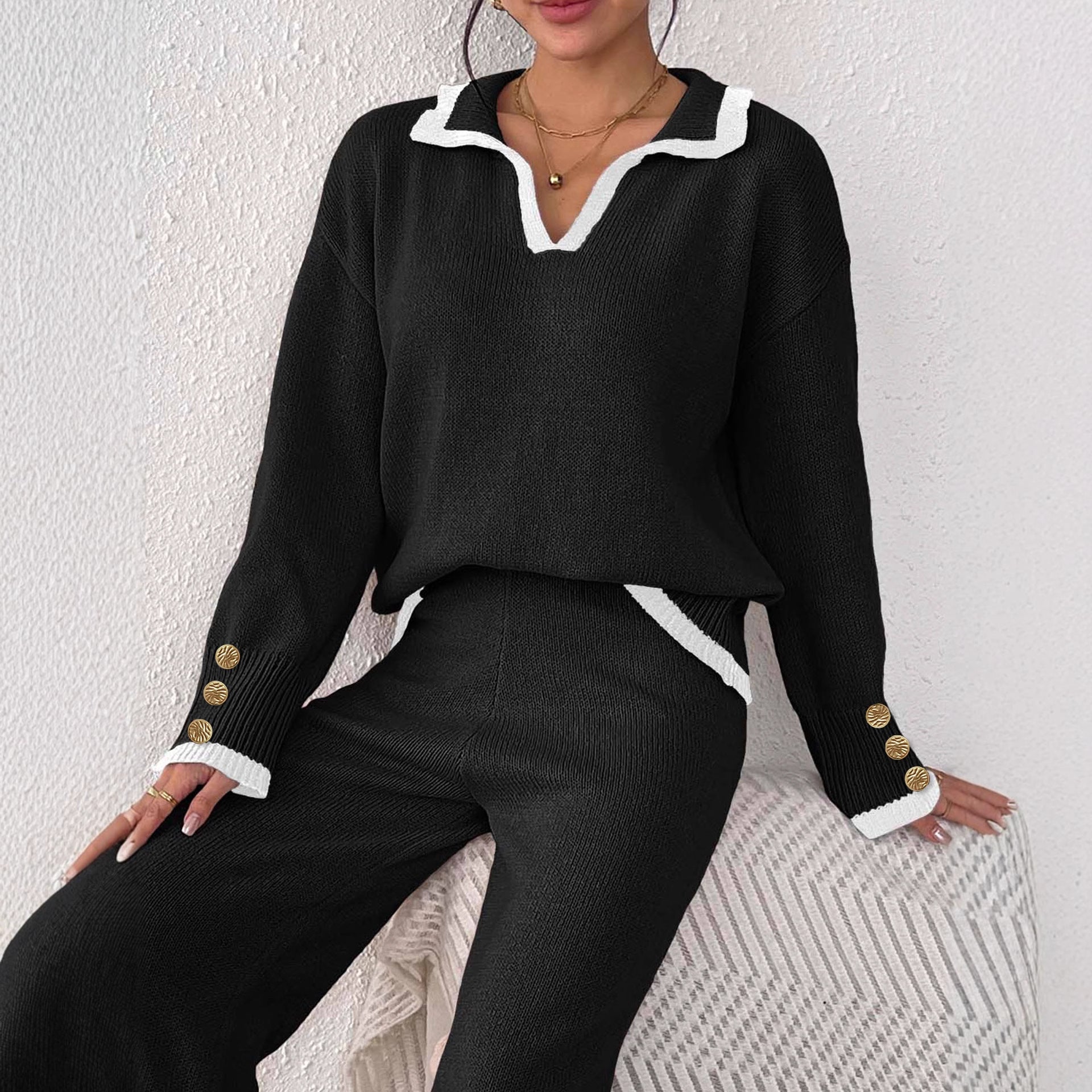 Women's Lapel Color Contrast Patchwork Gold Fastener Decoration Top