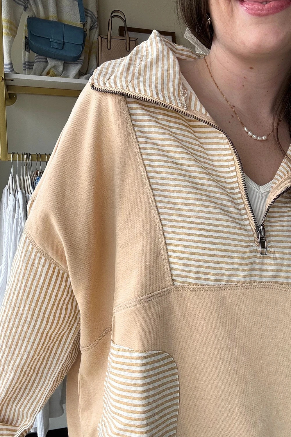 Zipper Stripes Patchwork Cold-shoulder Loose Long Sleeve Top