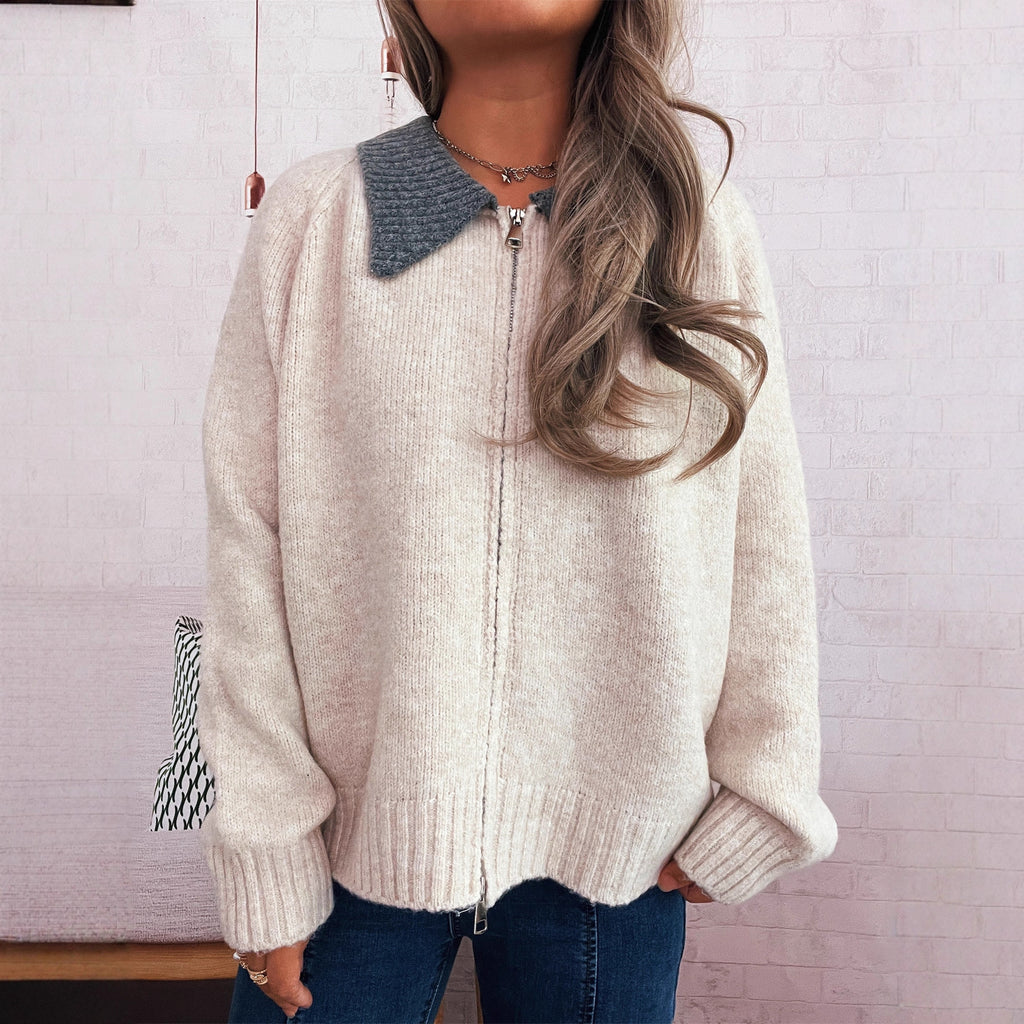 Cute Doll Collar Contrast Color Long Sleeves Zipper Casual Sweater