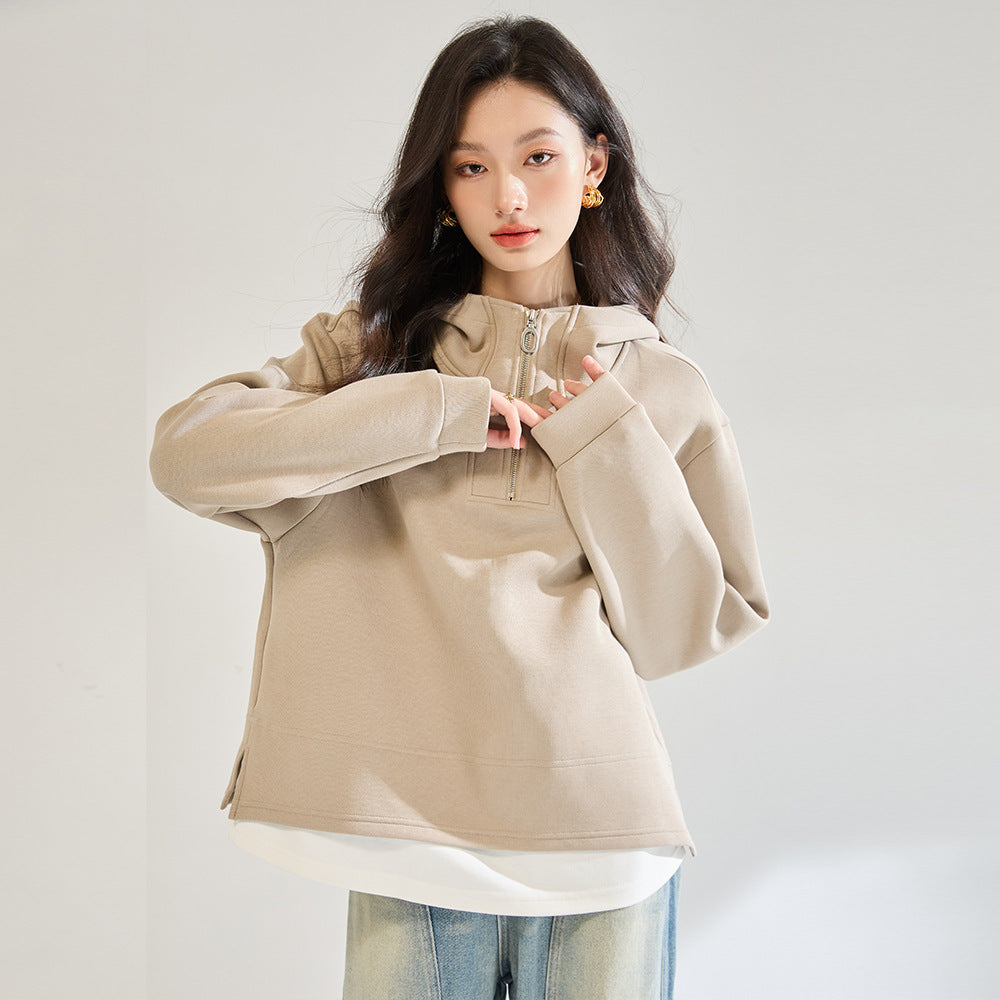 Fake Two-piece Air Layer Casual Half Loose Zip Top