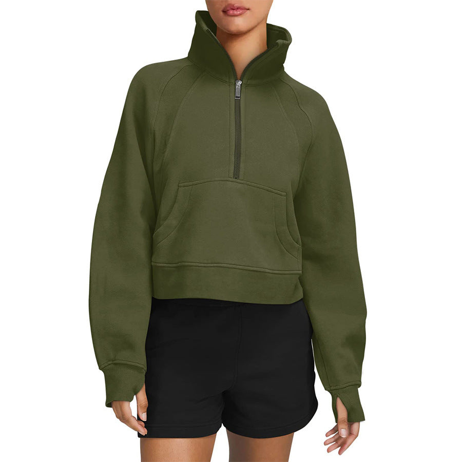 Autumn And Winter Fleece Sweater Half Zipper Coat Stand Collar Pocket European And American Style Women Sweater