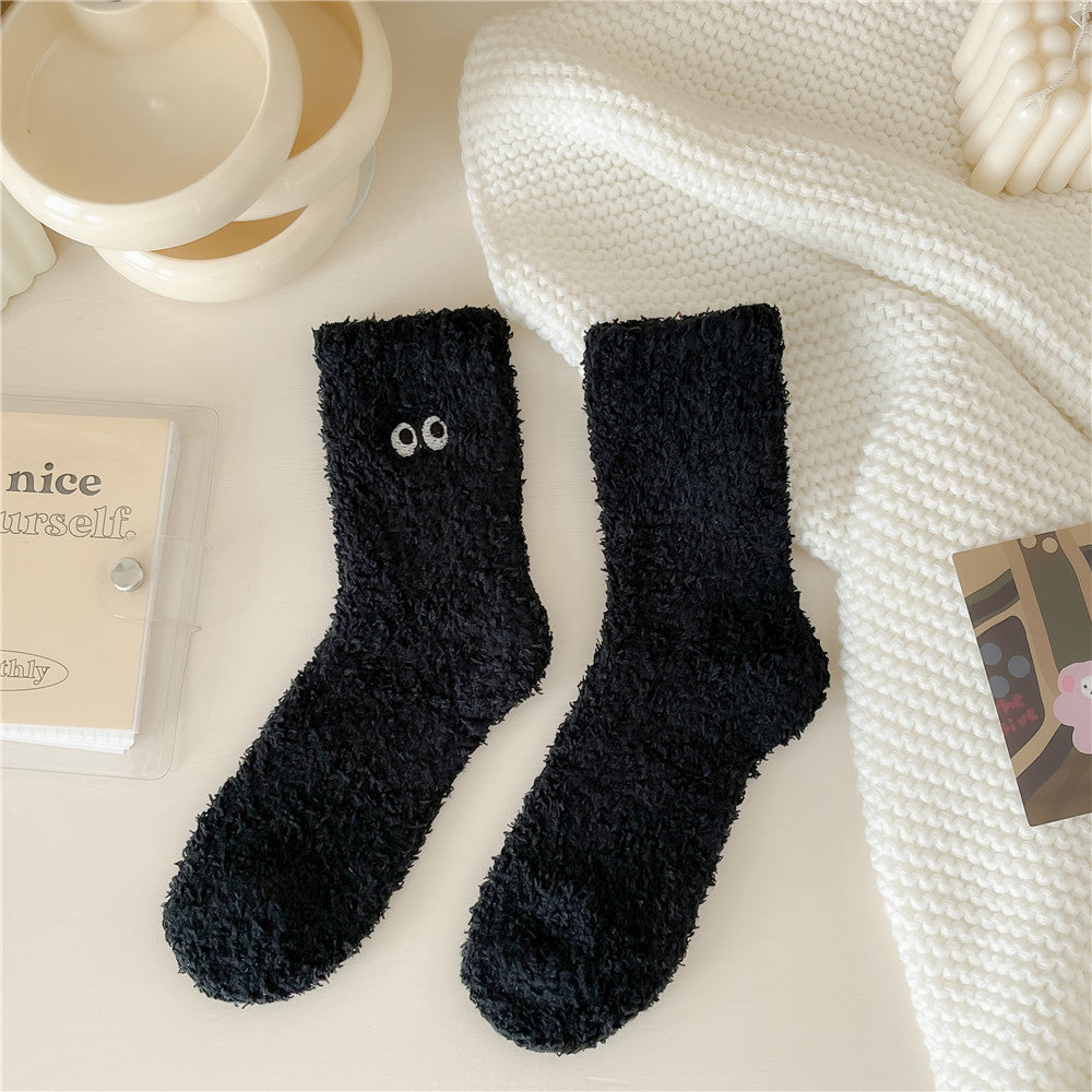 Women's Solid Color Embroidered Sleep Thickening Warm Terry Socks