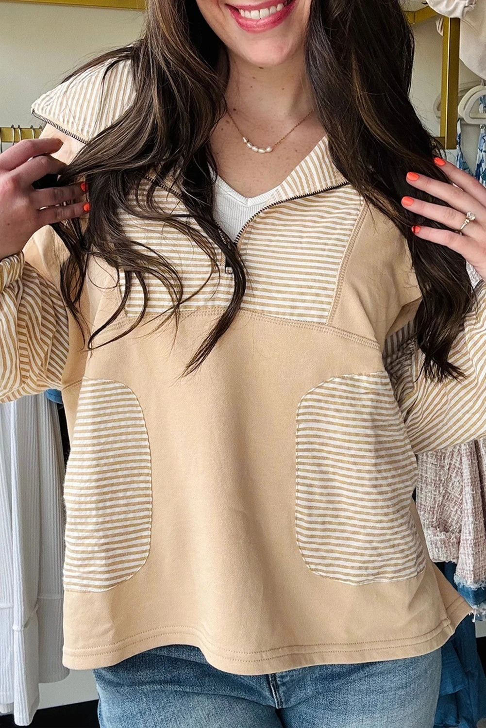 Zipper Stripes Patchwork Cold-shoulder Loose Long Sleeve Top