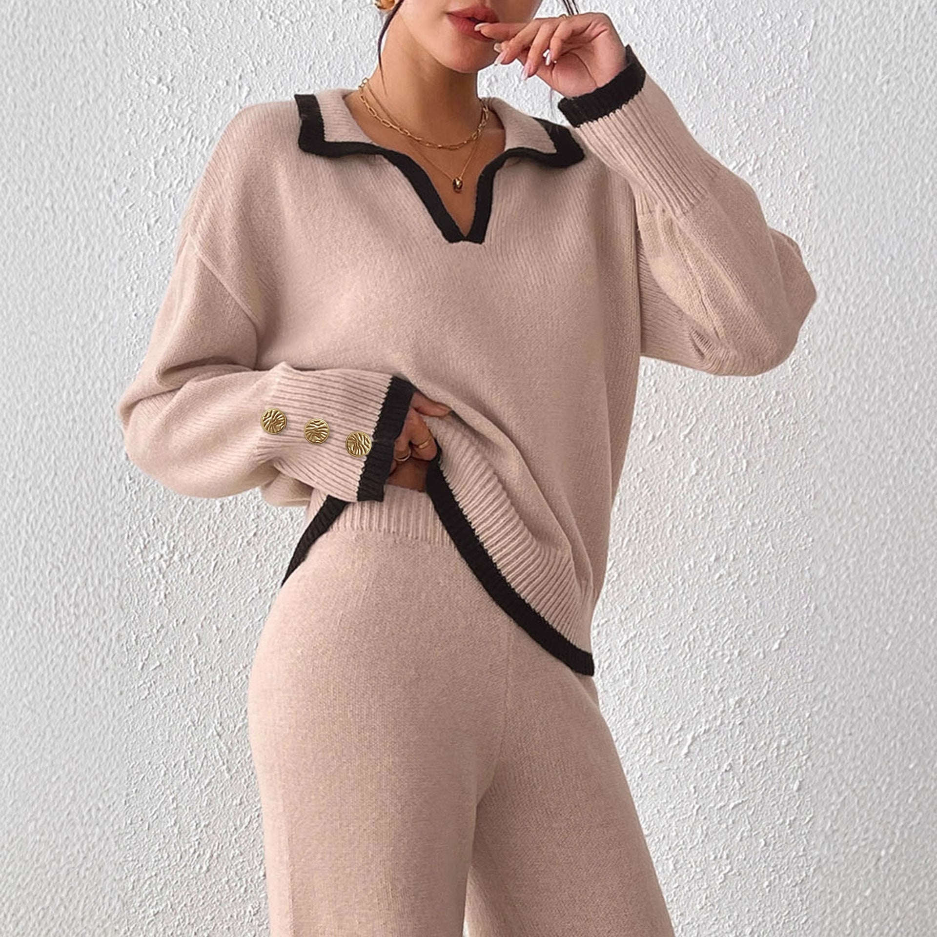 Women's Lapel Color Contrast Patchwork Gold Fastener Decoration Top