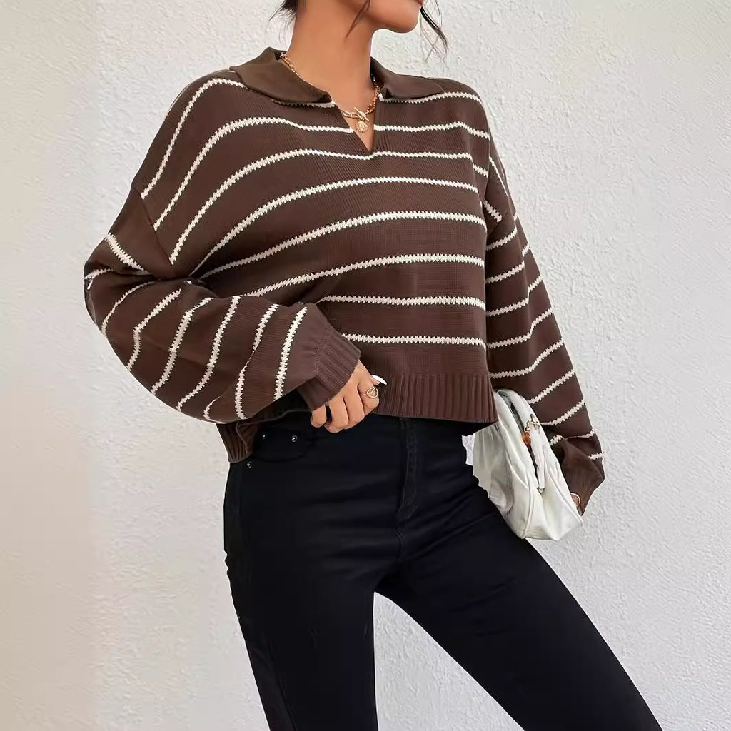 Winter Loose All-matching Striped Lapel Knitted Pullover Sweater