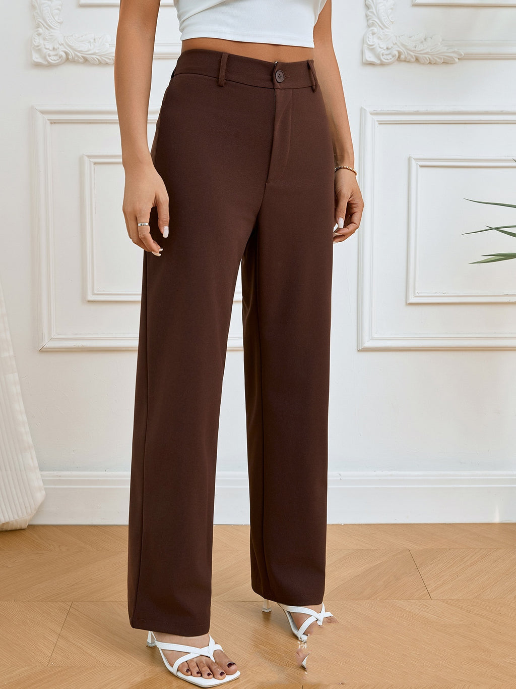 Spring And Autumn Solid Color Pocket Elastic Waist Pleated Casual Straight Pants