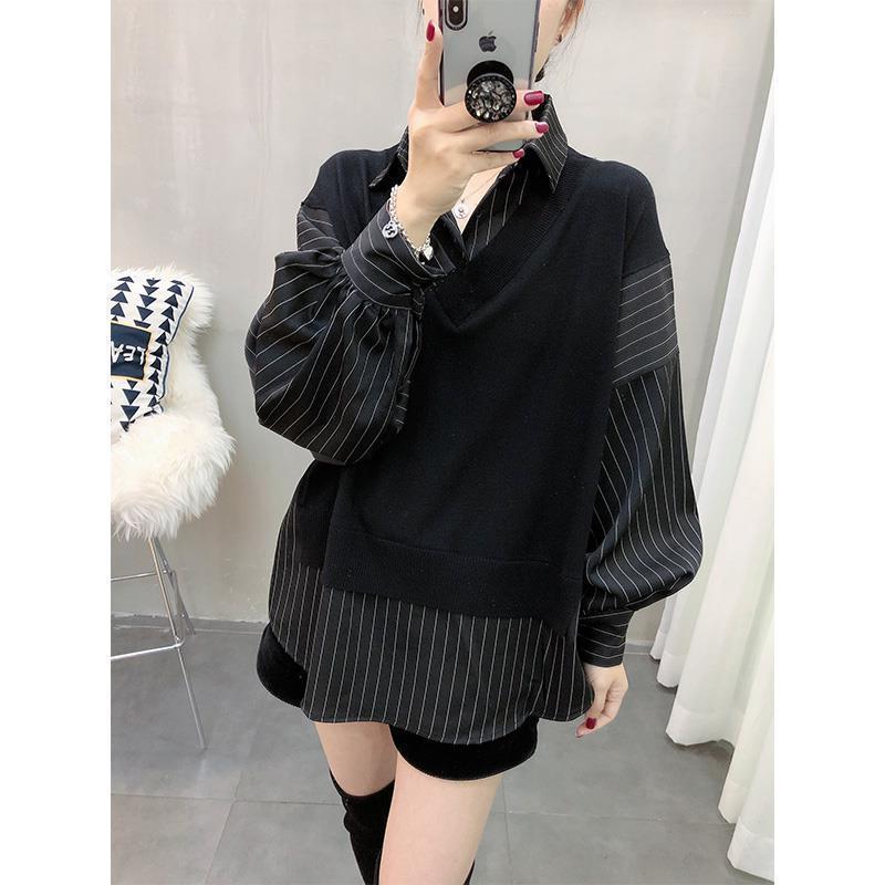 Korean Style New Patchwork Fake Two Pieces Shirts Women