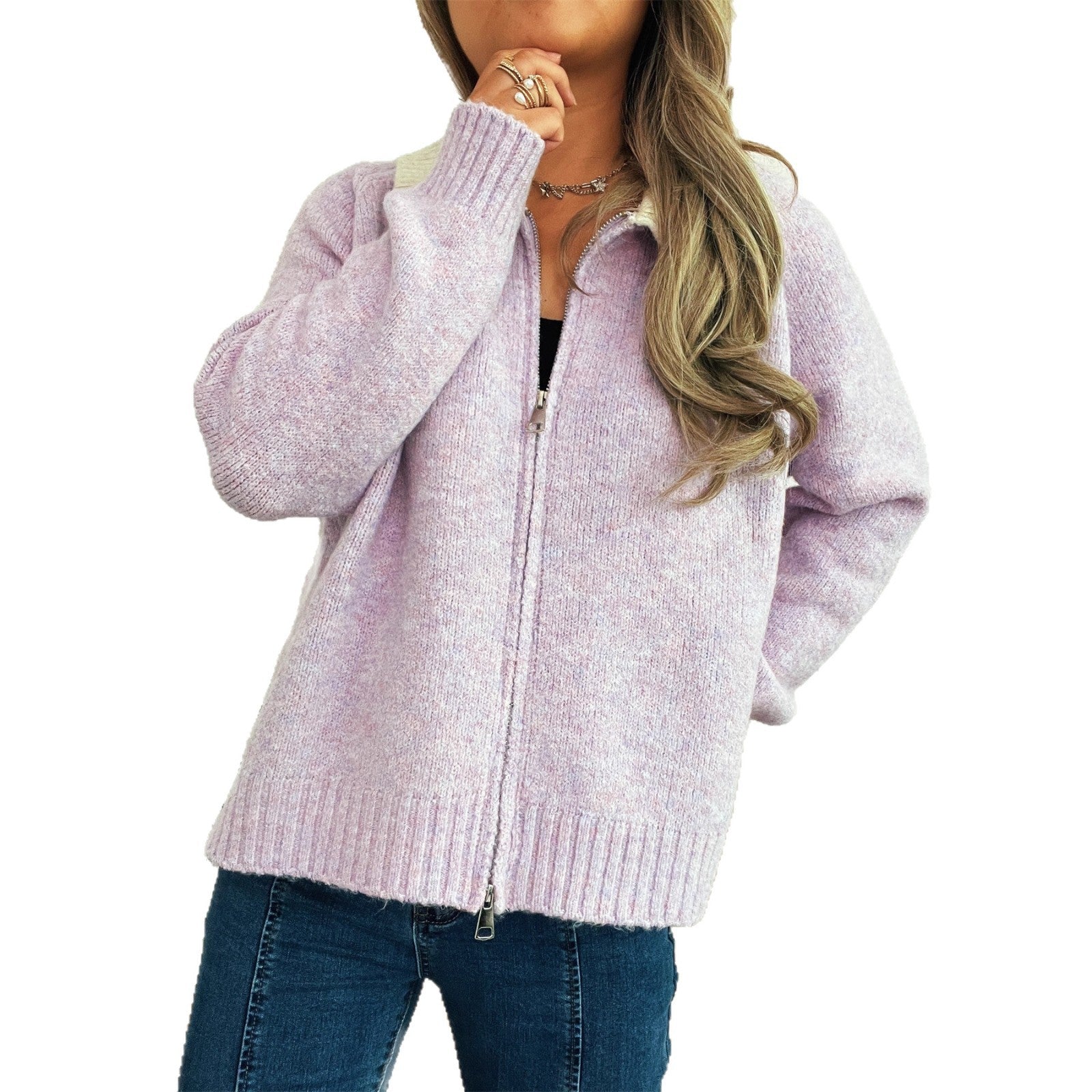 Cute Doll Collar Contrast Color Long Sleeves Zipper Casual Sweater