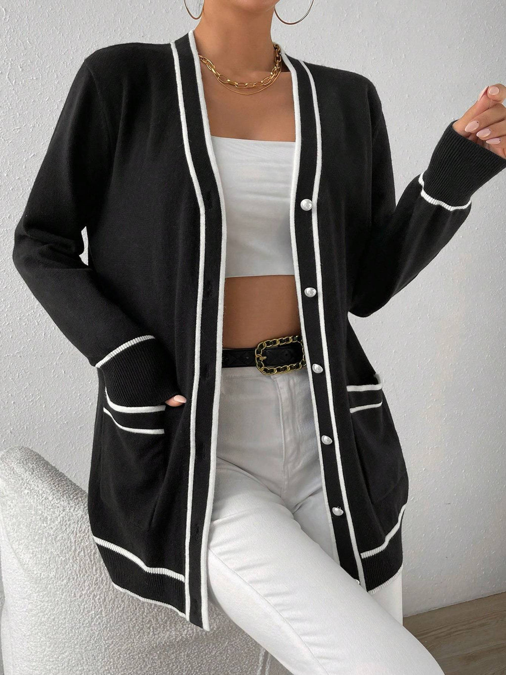 Striped Trim Dual Pocket Cardigan Long Sleeve Tops