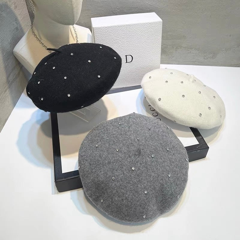 Japanese And Korean Woolen Black Crystal Beret Women's British Retro