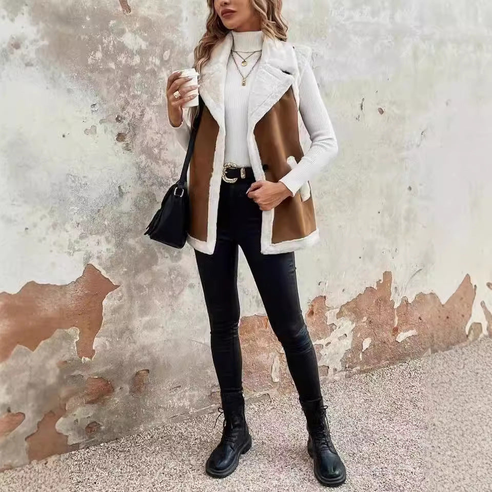 Fashionable Lamb Wool Stitching Women's Vest