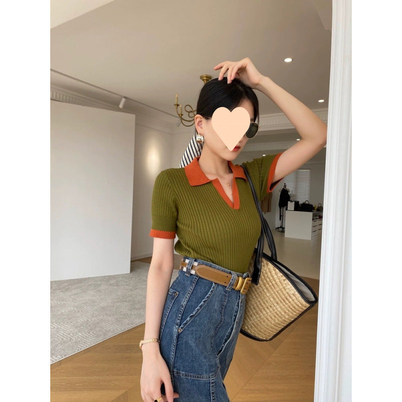 Women's French Retro Color Effect Collar Knitted Short Sleeve