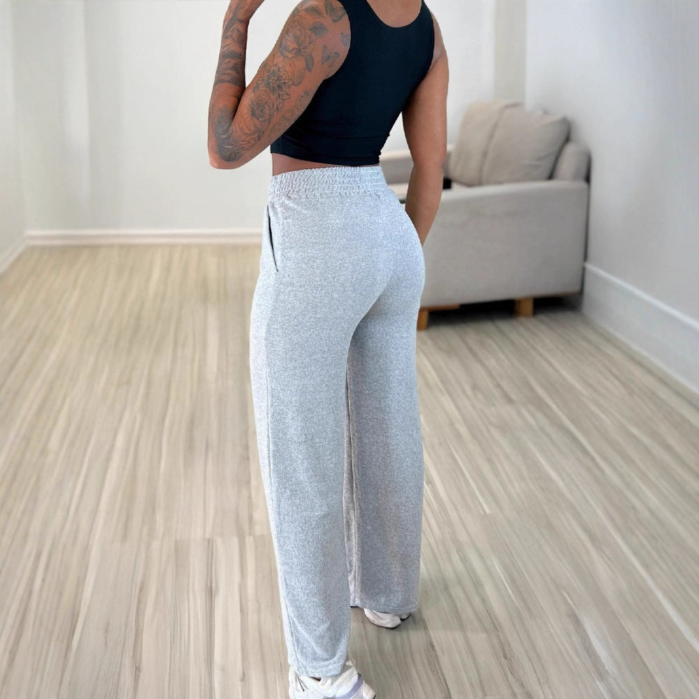 Solid Color High Waist Lace-up Elastic Waist Trimming Casual Trousers