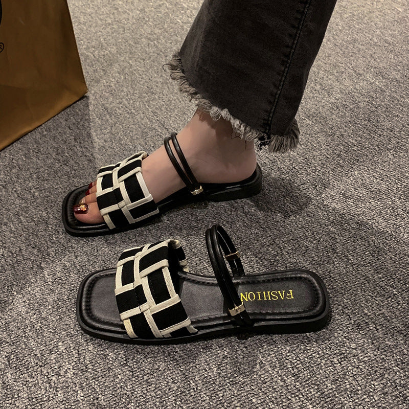 Square Toe Sandals Women's Canvas Check Pattern Flat Sandals