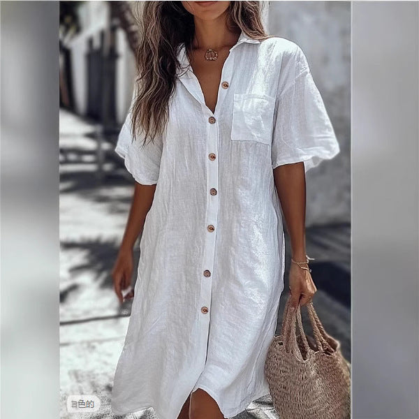Long Button Short Sleeve Linen Elegant Shirt