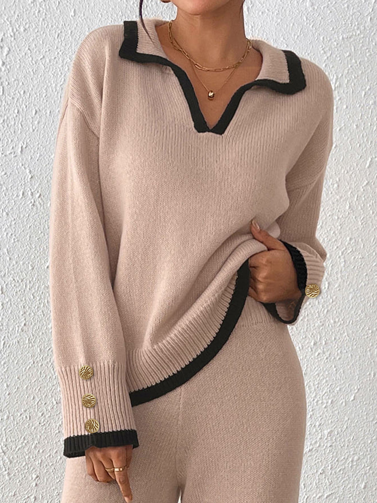 Women's Lapel Color Contrast Patchwork Gold Fastener Decoration Top