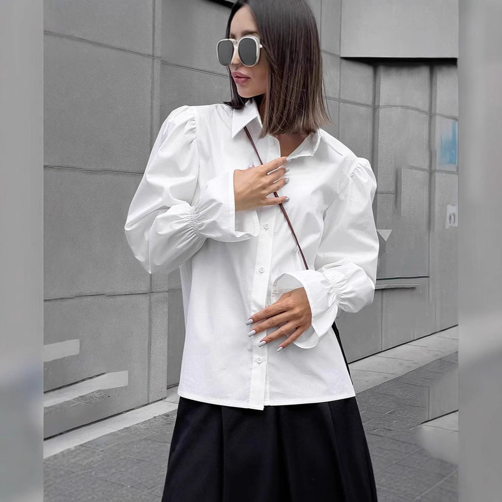 White Loose Puff Sleeves Shirt Women's Top