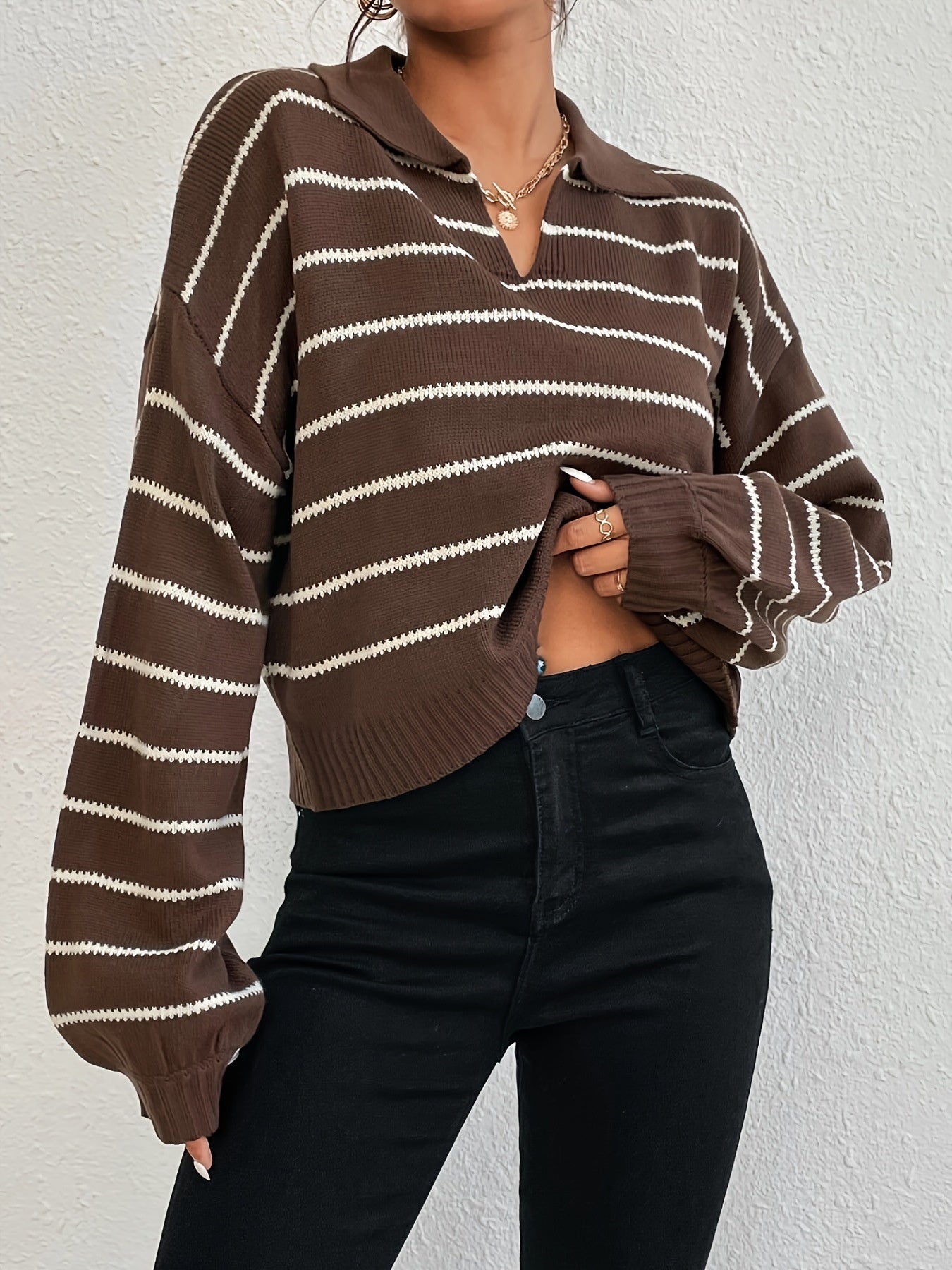 Winter Loose All-matching Striped Lapel Knitted Pullover Sweater