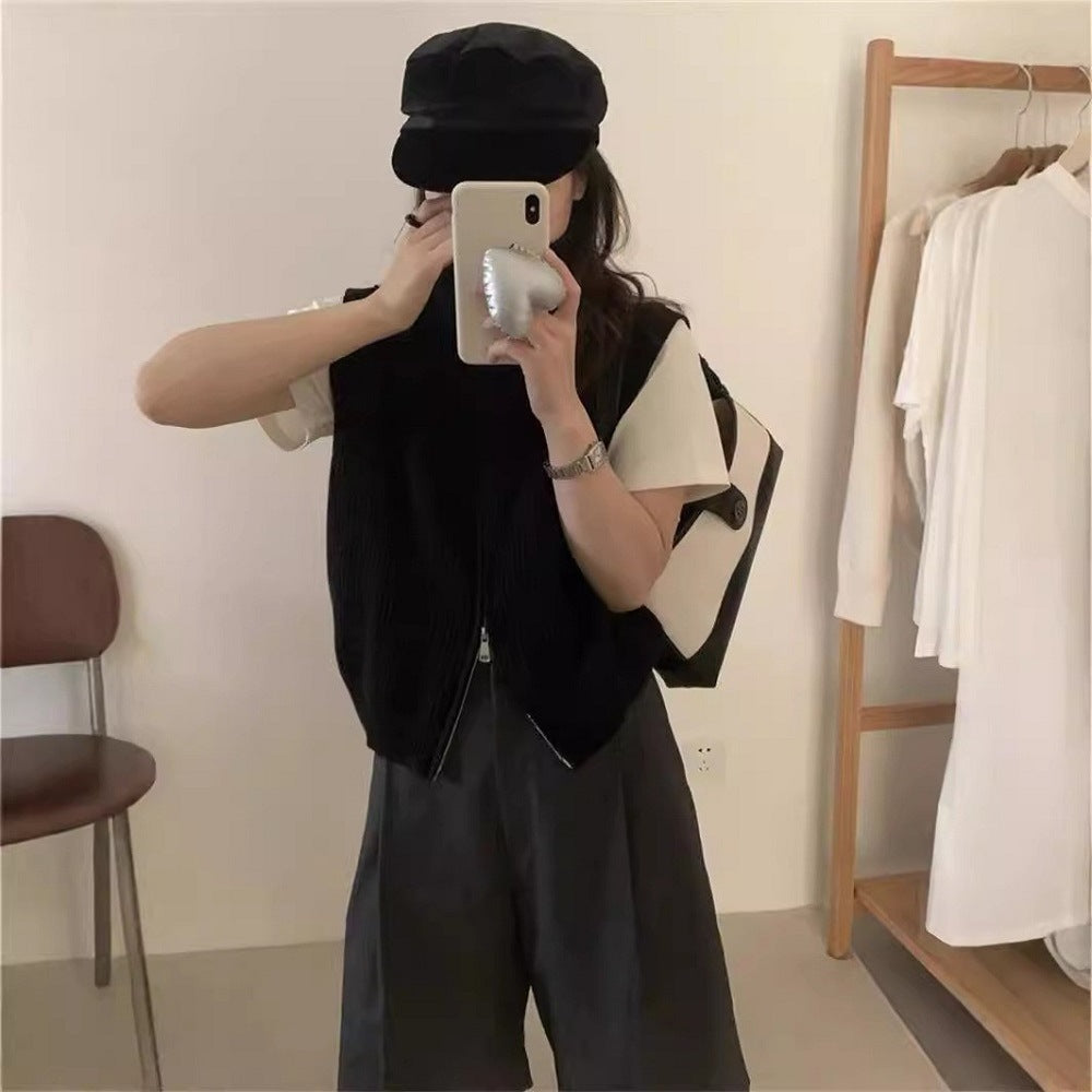 Simple Turtleneck Double Zipper Knitted Cardigan Vest