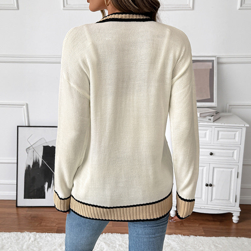 Loose V-collar Contrast Color Sweater Cardigan For Women