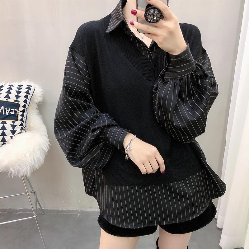 Korean Style New Patchwork Fake Two Pieces Shirts Women