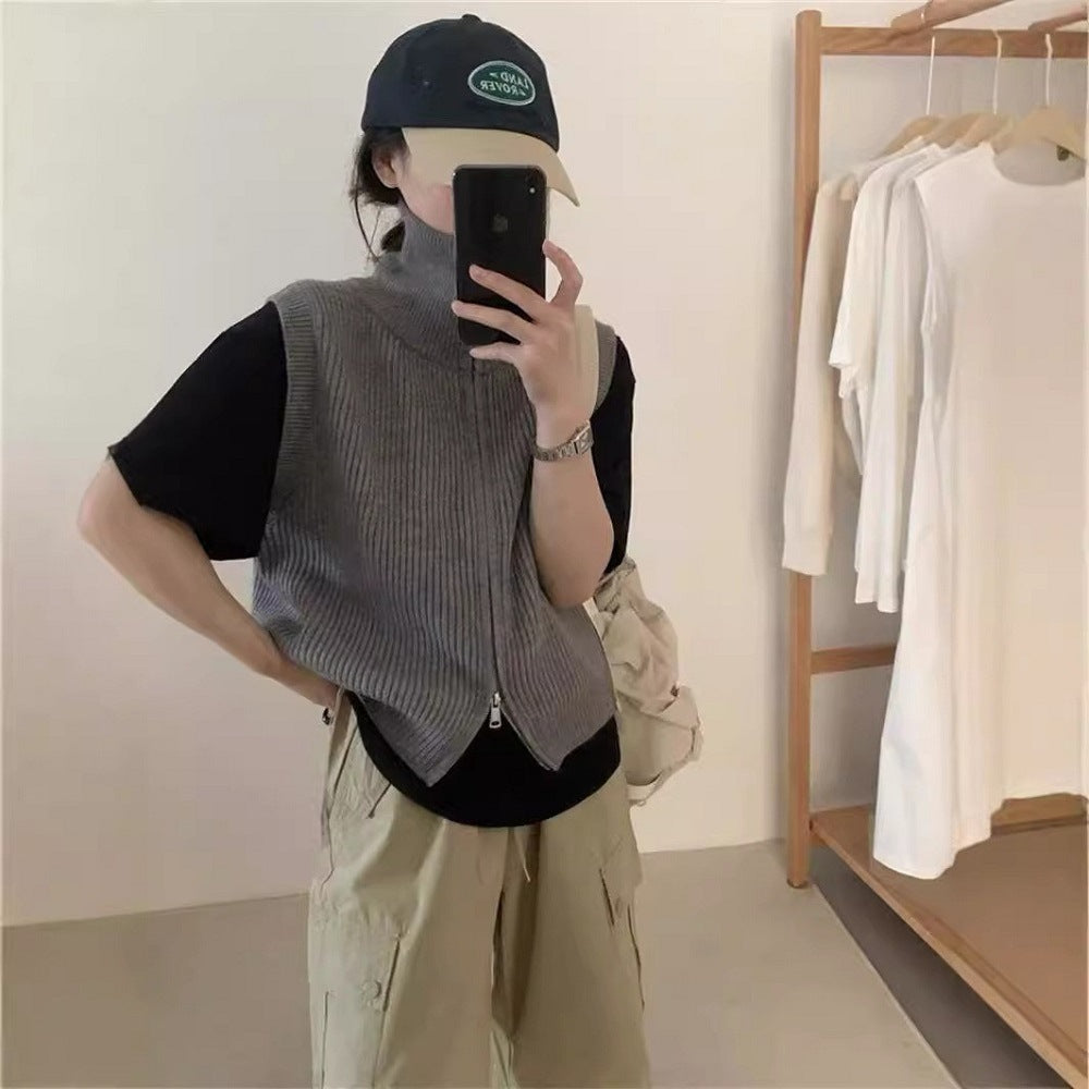 Simple Turtleneck Double Zipper Knitted Cardigan Vest