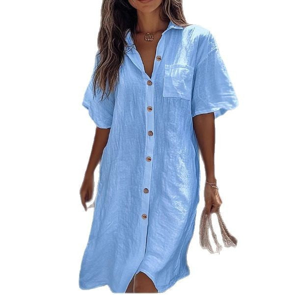 Long Button Short Sleeve Linen Elegant Shirt