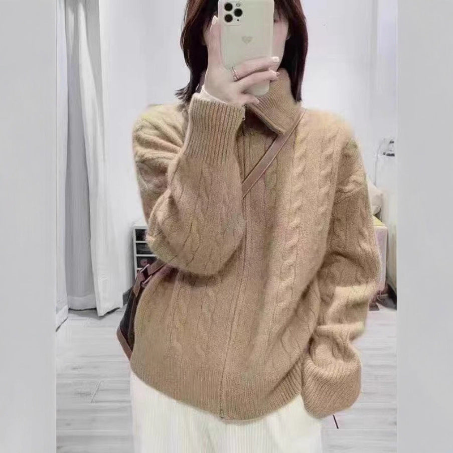 High-grade Lapel Double Zipper Twist Solid Color Sweater