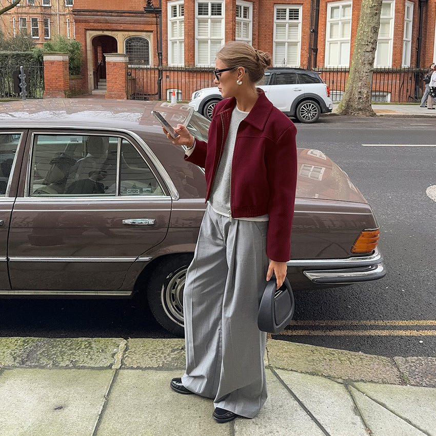 Retro Burgundy Wool Women's Short Casual Lapel Jacket