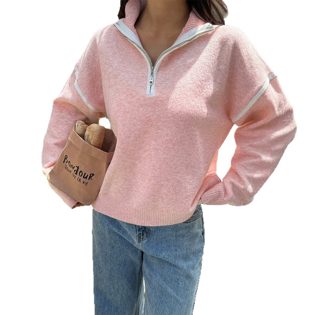 Simple Solid Color Long Sleeve Zipper Sweaters Women's Clothing