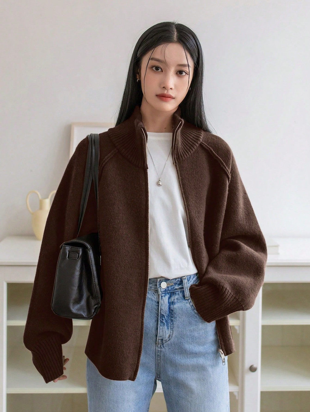 Solid Color Stand Collar Zipper Knitted Cardigan Top