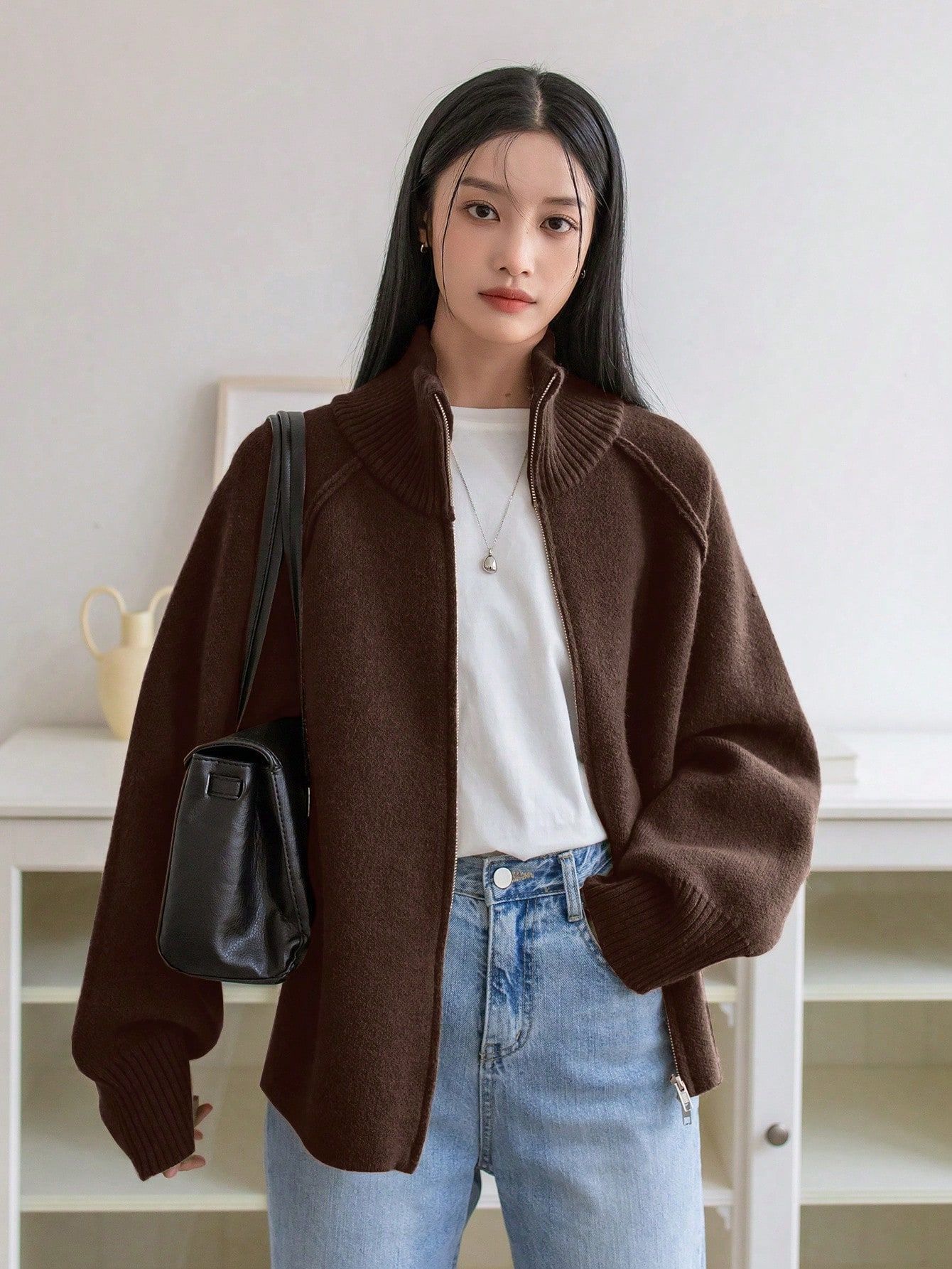 Solid Color Stand Collar Zipper Knitted Cardigan Top