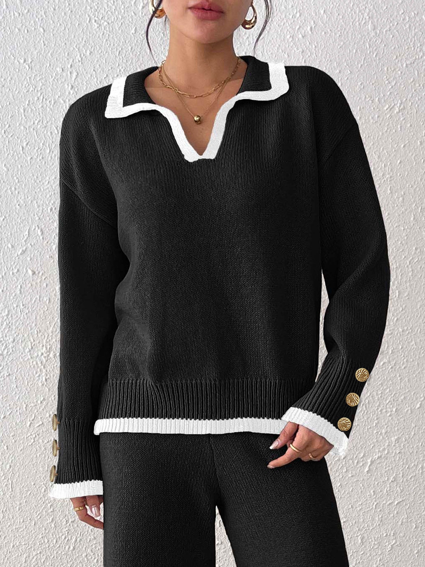 Women's Lapel Color Contrast Patchwork Gold Fastener Decoration Top