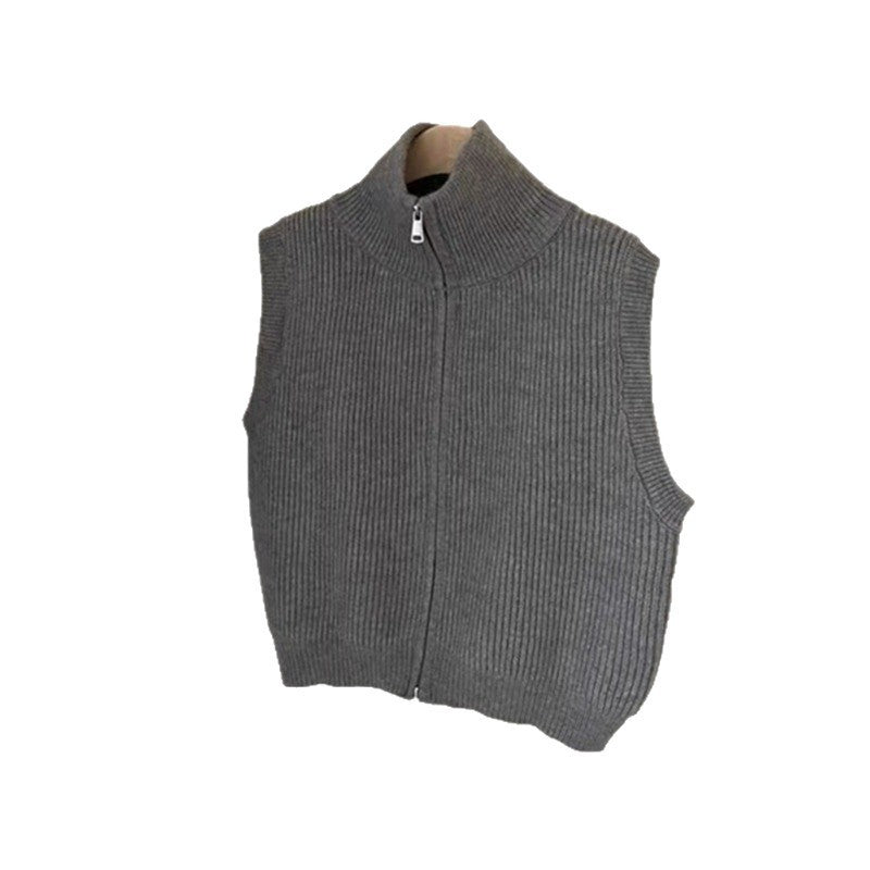 Simple Turtleneck Double Zipper Knitted Cardigan Vest
