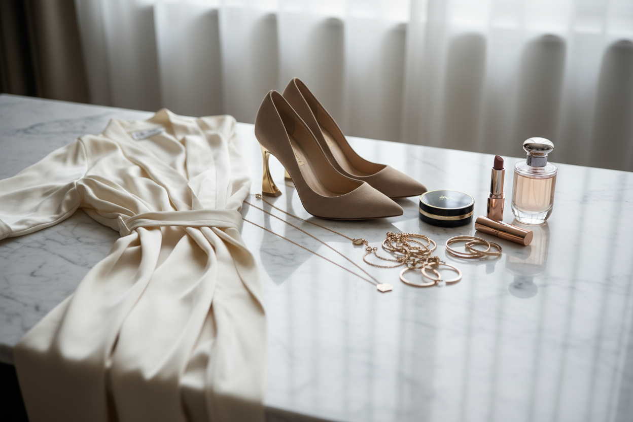 Een foto die elegantie uitstraalt. Items op de site zijn: kleding, schoenen, sieraden en cosmetica 