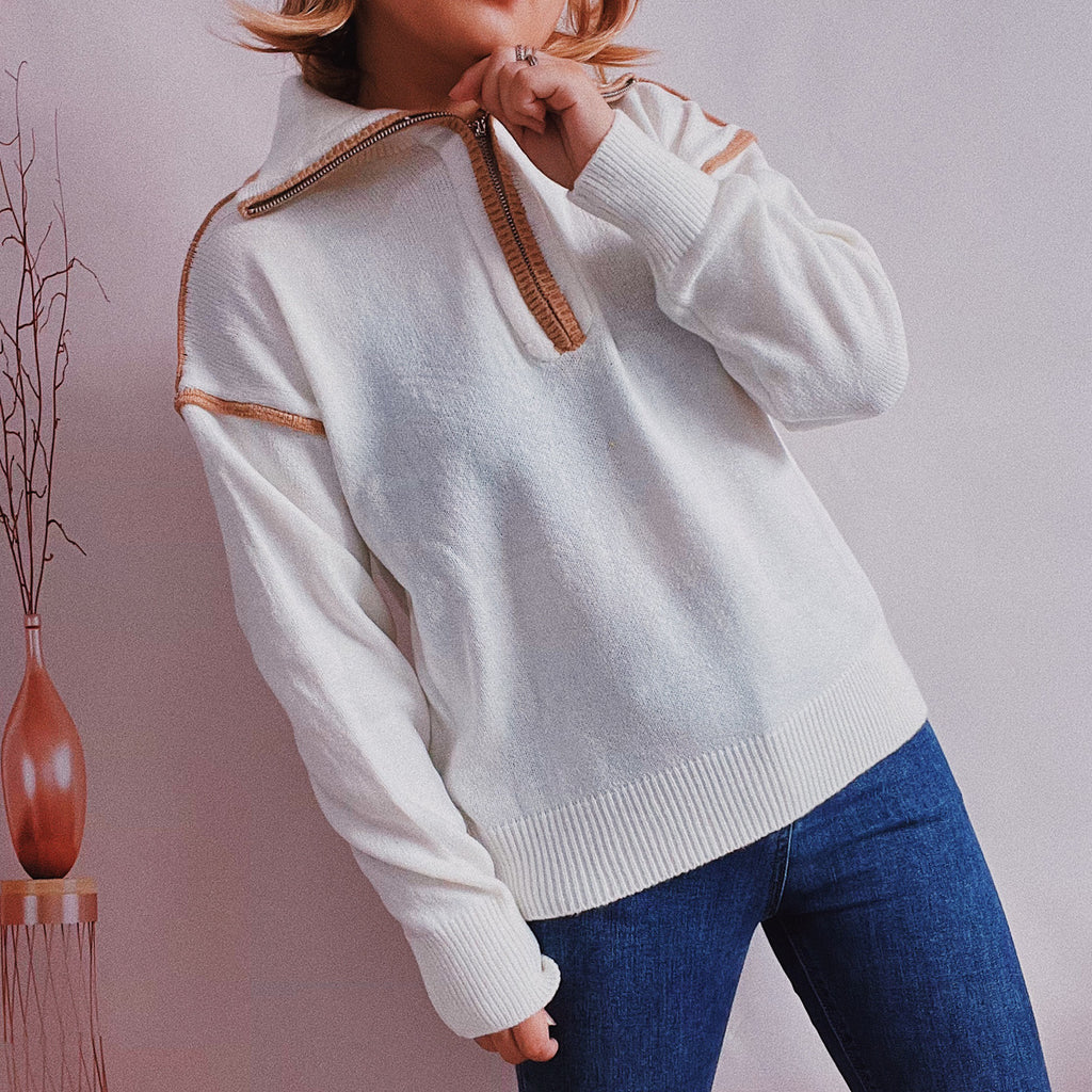 Casual Knitted Zipper And Lapel Contrast Color Long Sleeves Women's