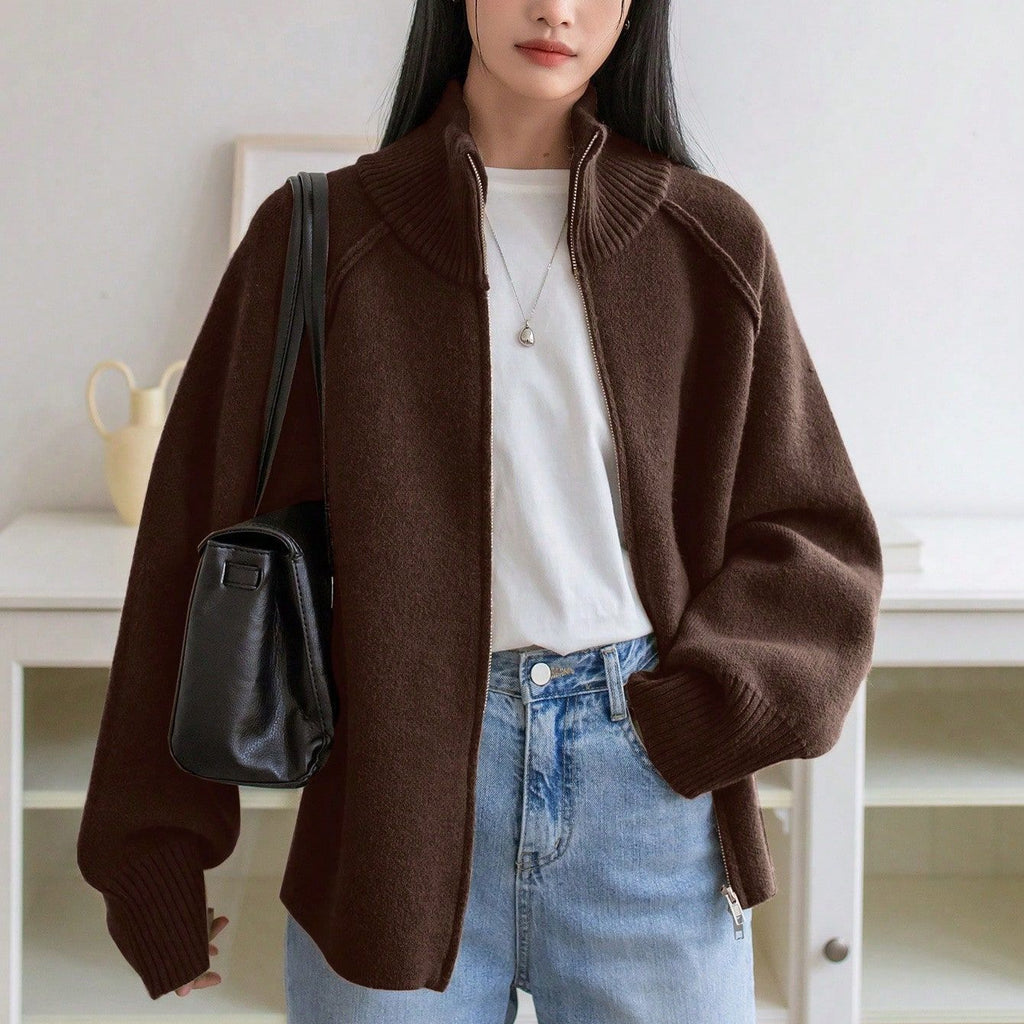 Solid Color Stand Collar Zipper Knitted Cardigan Top