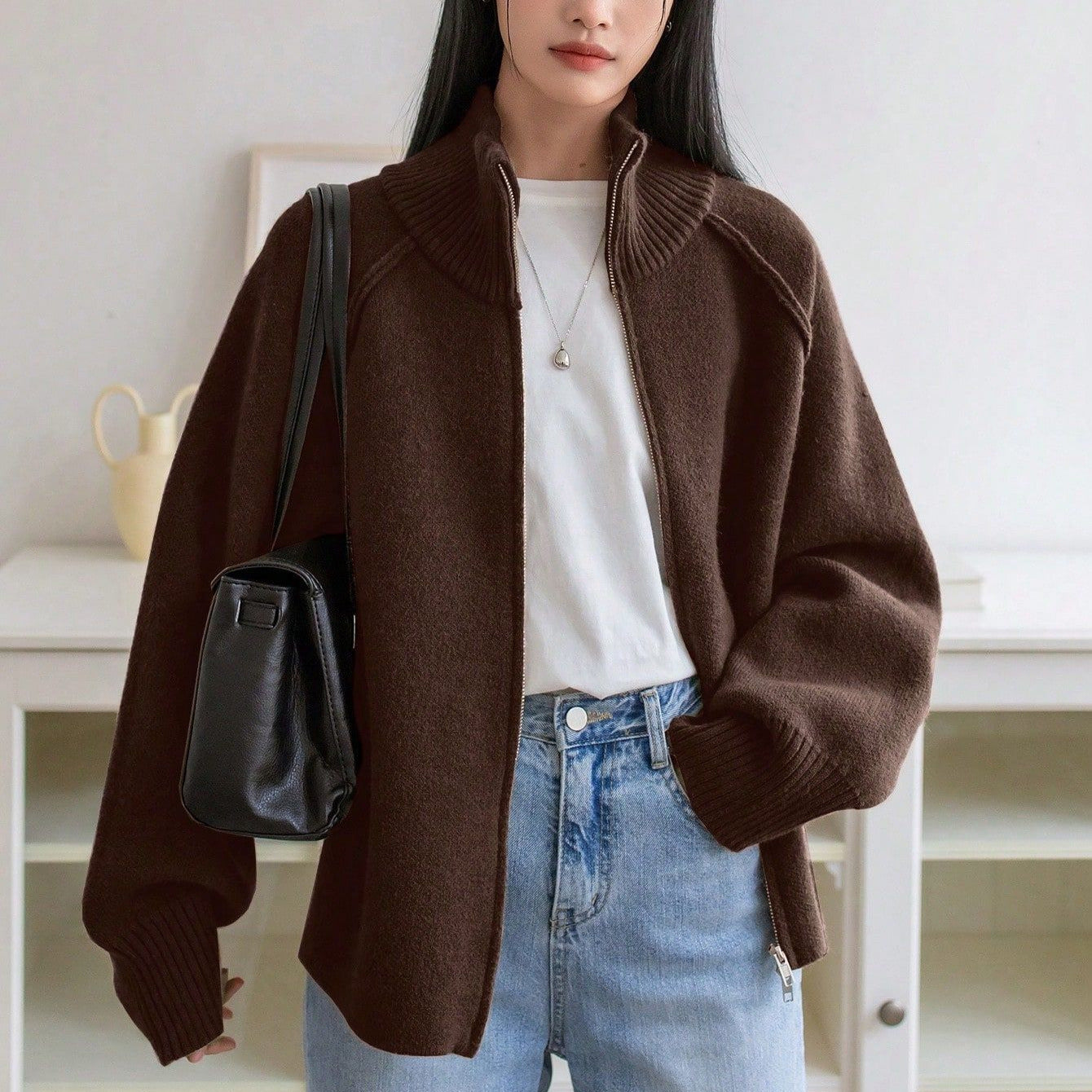 Solid Color Stand Collar Zipper Knitted Cardigan Top