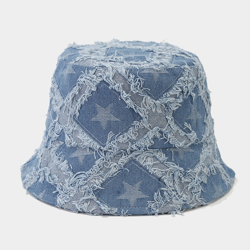 Autumn New Five-pointed Star Raw Edge Denim Bucket Hat