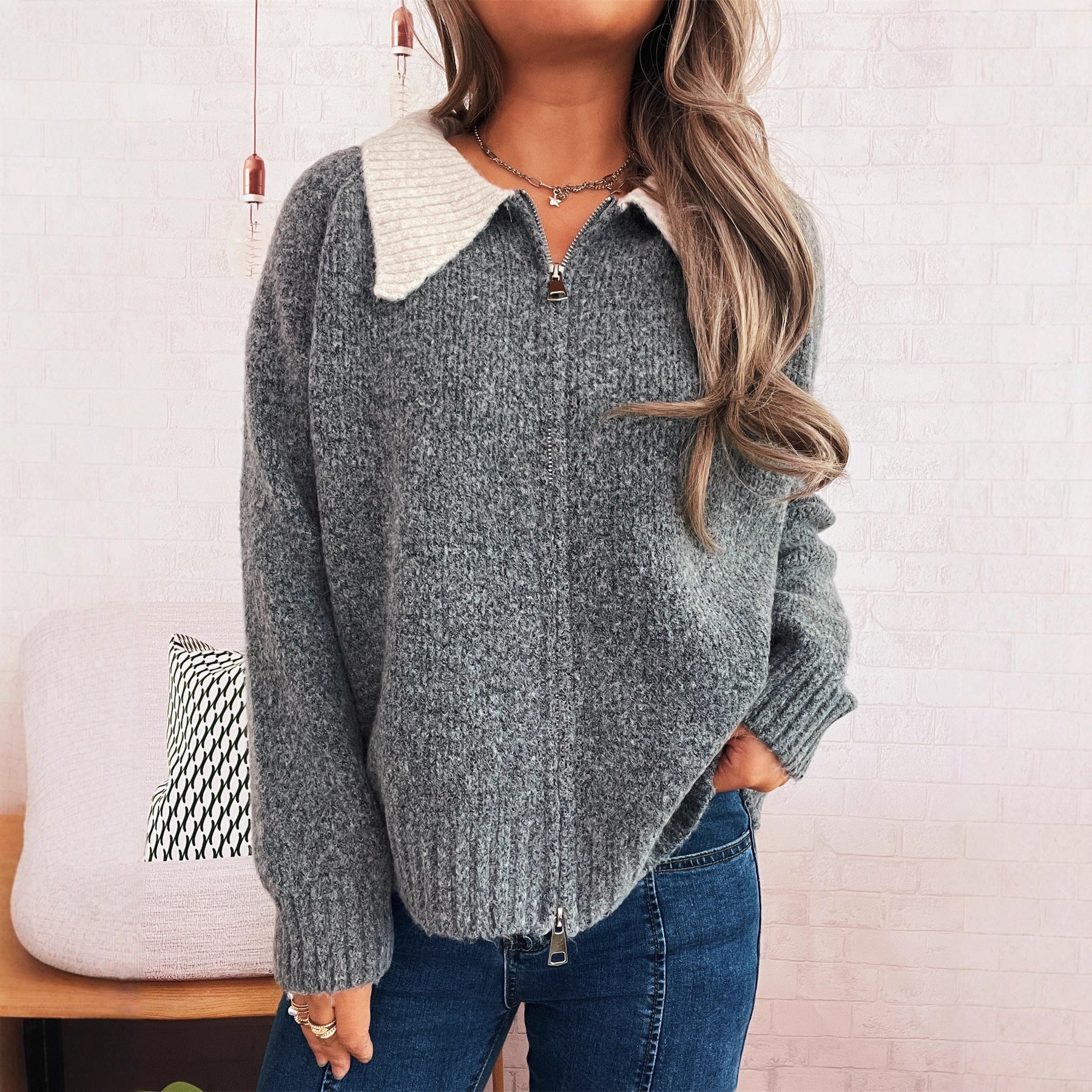 Cute Doll Collar Contrast Color Long Sleeves Zipper Casual Sweater