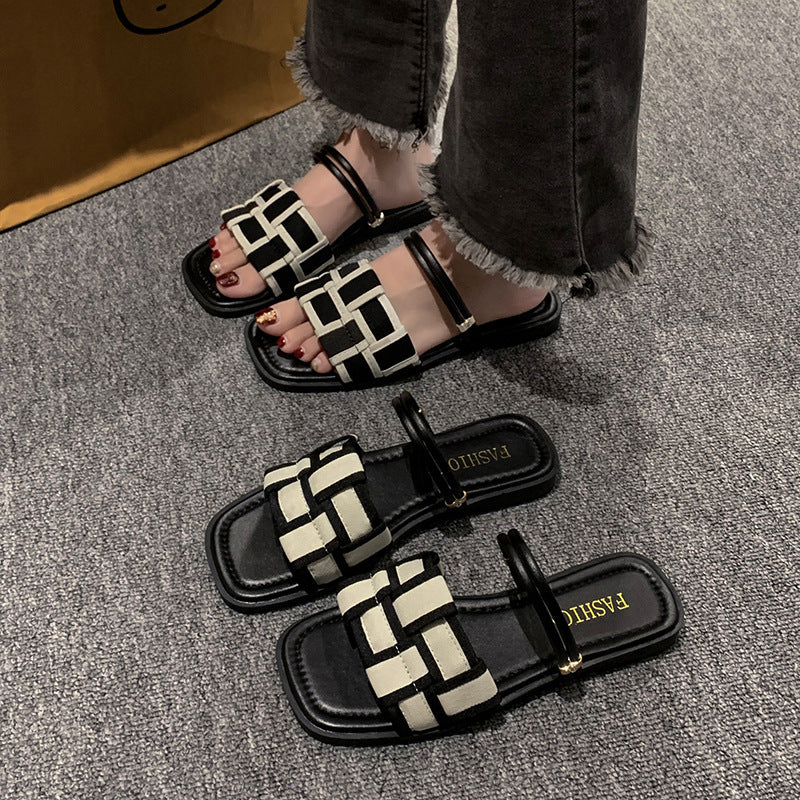 Square Toe Sandals Women's Canvas Check Pattern Flat Sandals