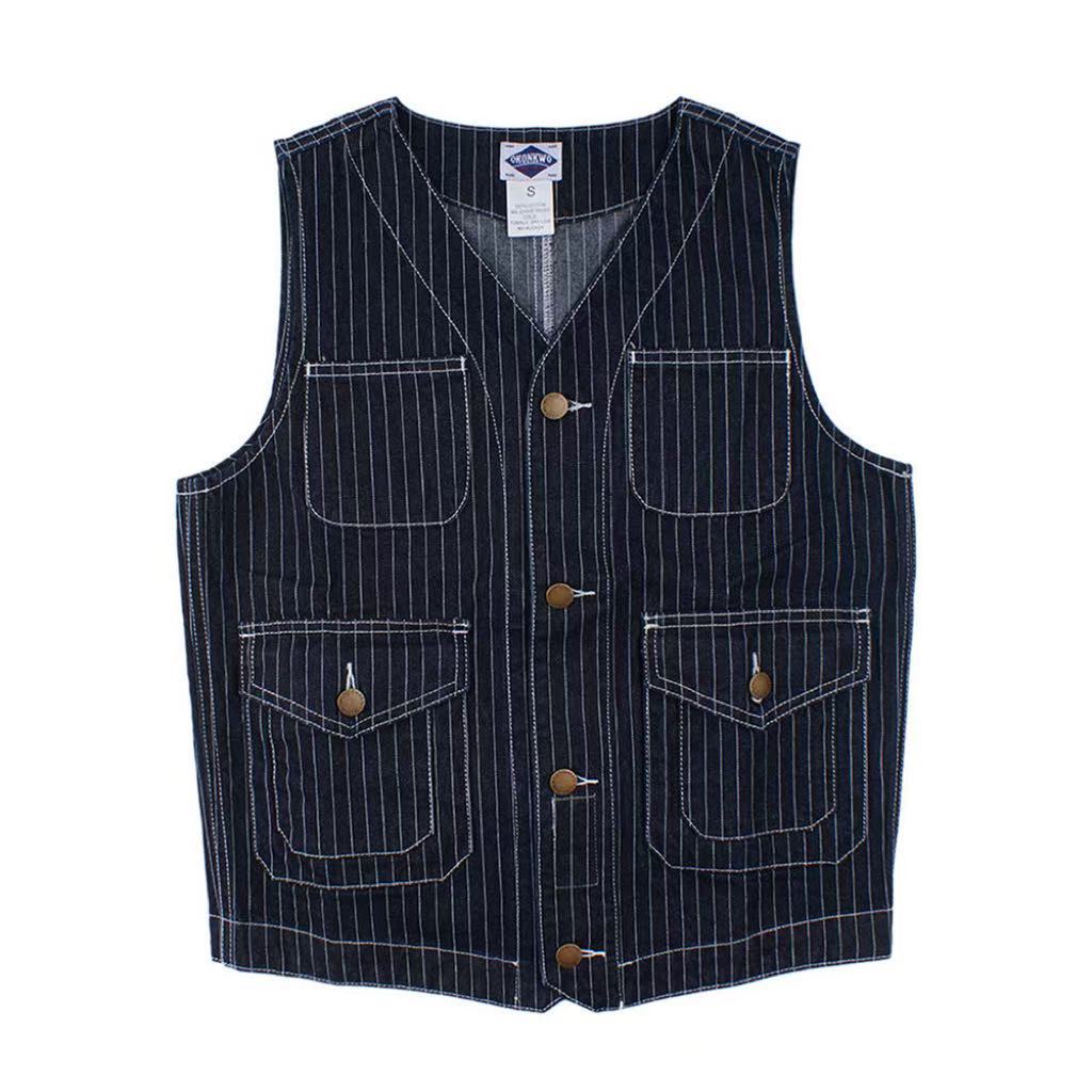 Striped Denim Retro Multi-pocket Male And Female Overalls Vest