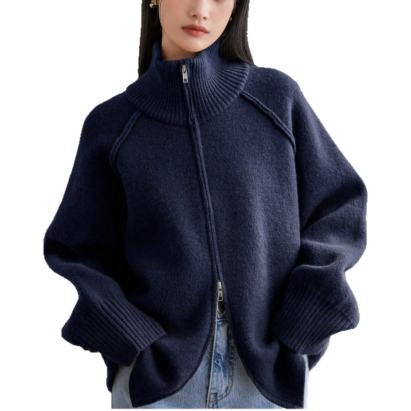 Solid Color Stand Collar Zipper Knitted Cardigan Top