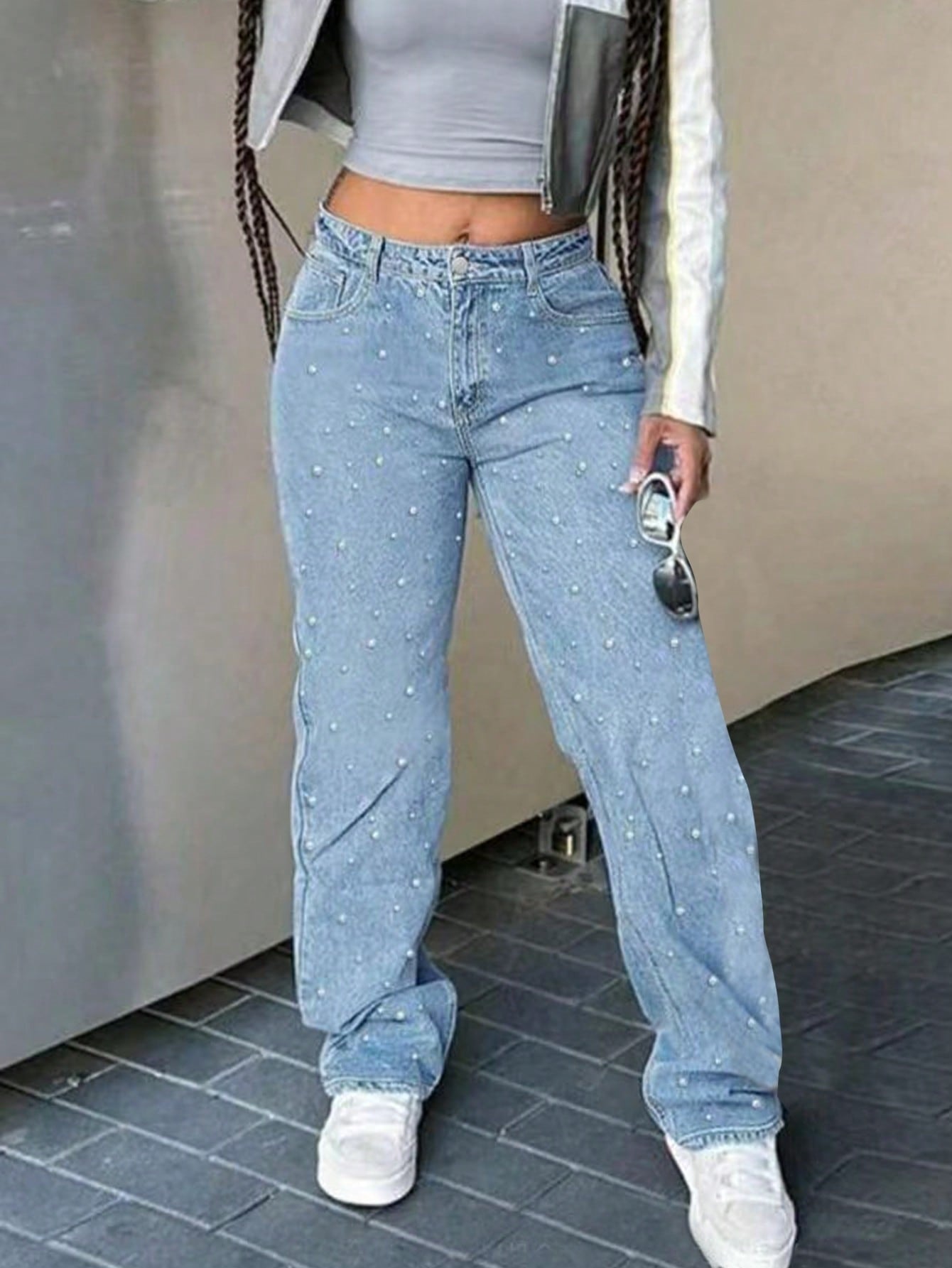 Elegant Elegant Party Rhinestone Women Wide-leg Jeans